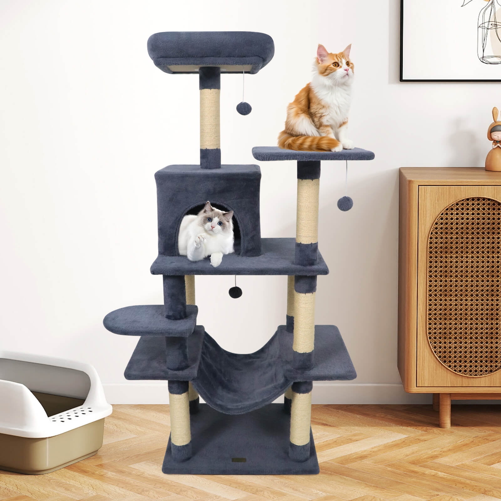 Costway 58” Tall Multi-level Cat Tree with Upholstered Perch & Cat Condo, Comfy Hammock Dark Gray