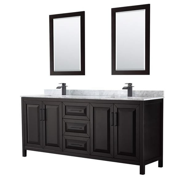 0.75 x 80 x 22 in. Daria Double Bathroom with White Carrara Marble Countertop, Undermount Square Sink Matte Black Trim & 24 in. Mirror, Dark Espresso