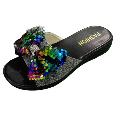OJSFQUFP Womens Comfort Sandals Women s Sandals and Slippers Low Heeled Flat Bottomed Casual Sequin Slippers Soft Sole Outdoor Beach Shoes Women s Slippers Grey 39