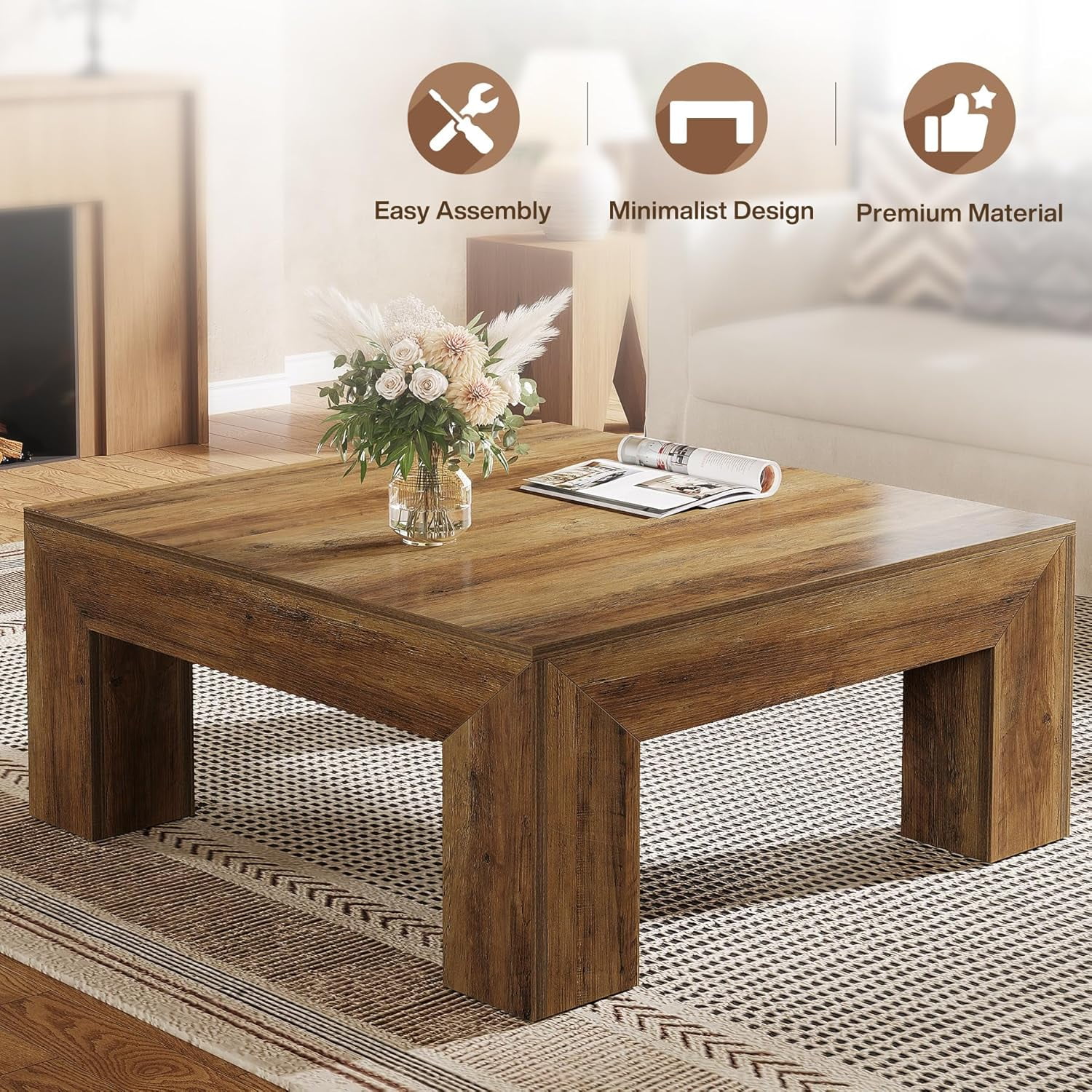 Tribesigns 39.4" All-Wood Coffee Table: Farmhouse Style Accent Centerpiece for Living Room with Sturdy Legs, Rustic Brown