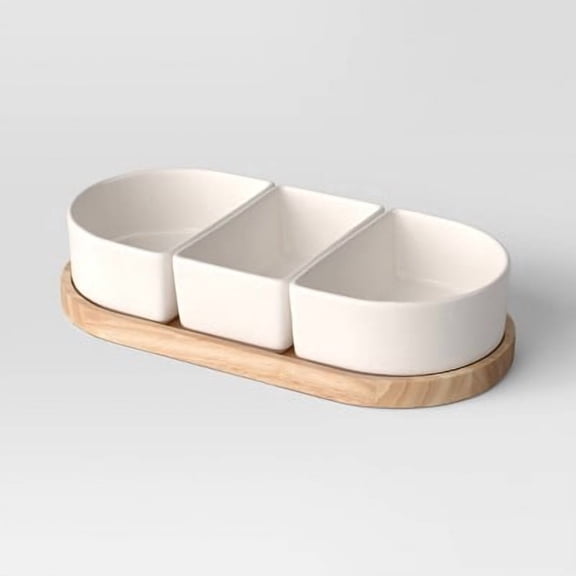 4pc Ceramic Sectioned Serving Bowl Set - Set of Dip Bowls, Serveware, Rubberwood Tray, Hand Wash