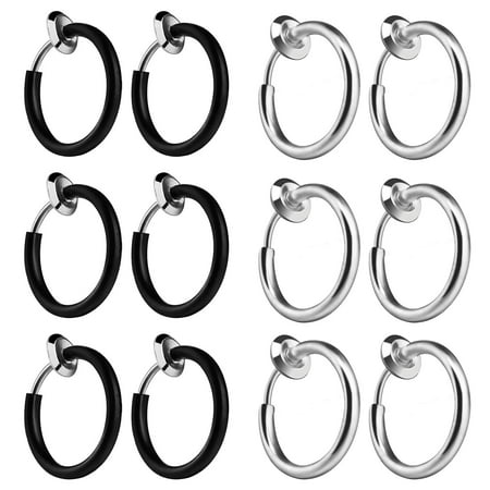 BodyJ4You 12PC Fake Earrings Clip On Hoop Faux Non Piercing Ear Cartilage Black Steel Jewelry