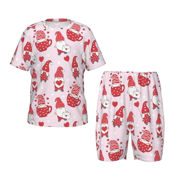 Fotbe Valentine Gnomes Pijama Estampada de 2 Piezas para Niños – Ropa de Dormir de Manga Corta Cómoda para Niños y Niñas, Camiseta y Shorts de Algodón-Small