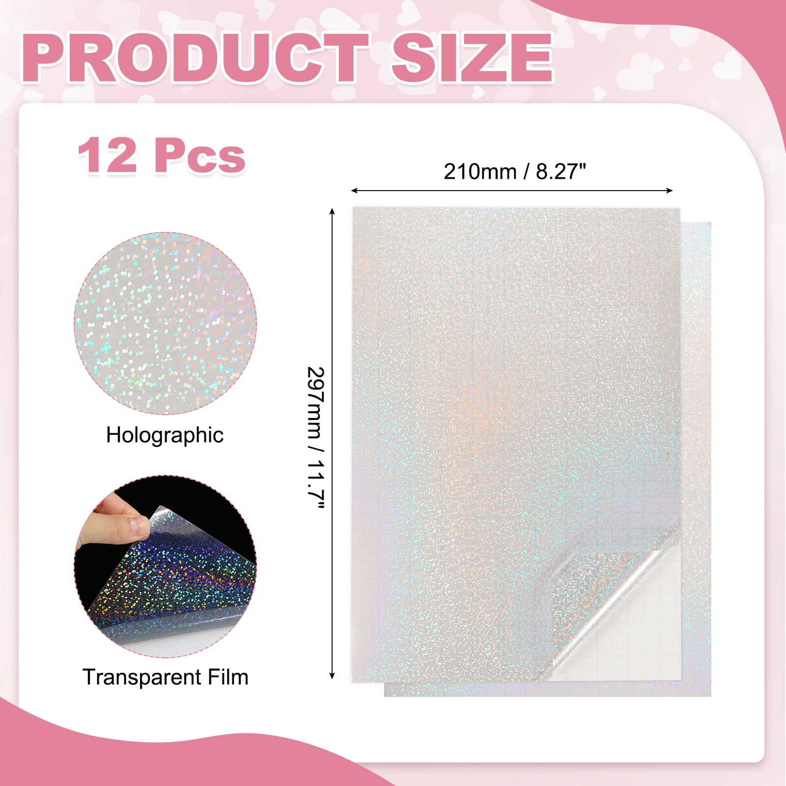 Uxcell 12 Sheets Holographic Sticker Paper, 8.3" x 11.7" Holographic Self-Adhesive A4 Transparent Waterproof Laminate Overlay Film for Photo Cards Scrapbook Decorations(Little Dot)