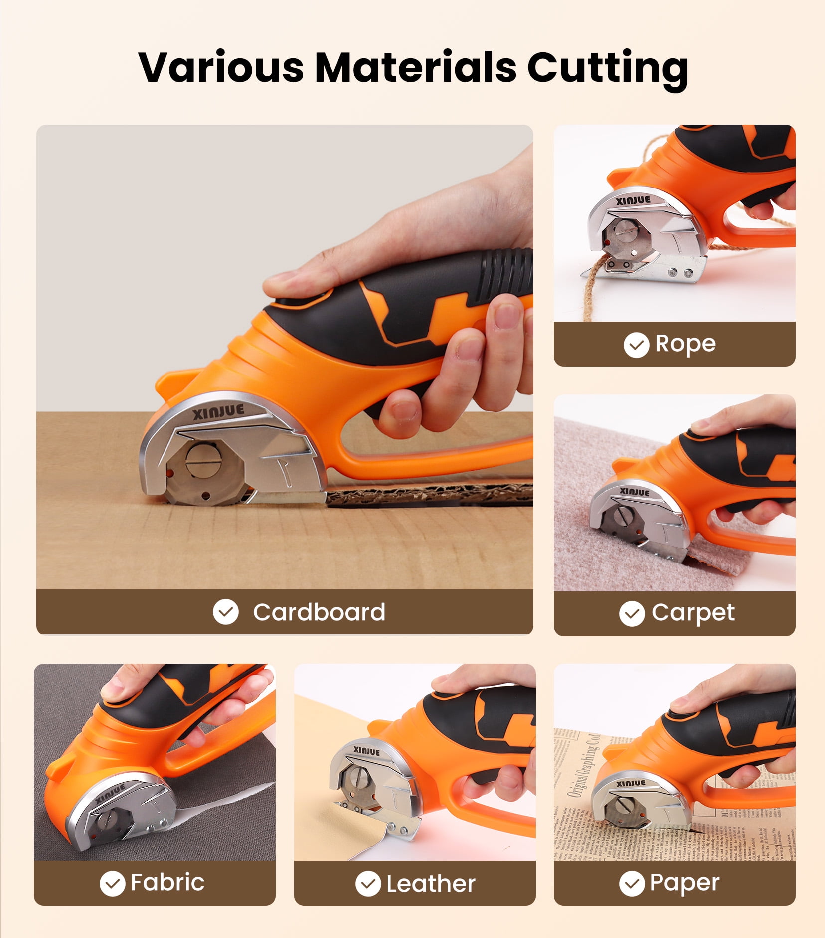 Cordless Electric Scissors, Cardboard Box Cutter Heavy Duty,  4V Rechargeable Power Rotary Cutter with Safety Lock & LED Light for Fabric, Carpet, Paper or Leather, Orange