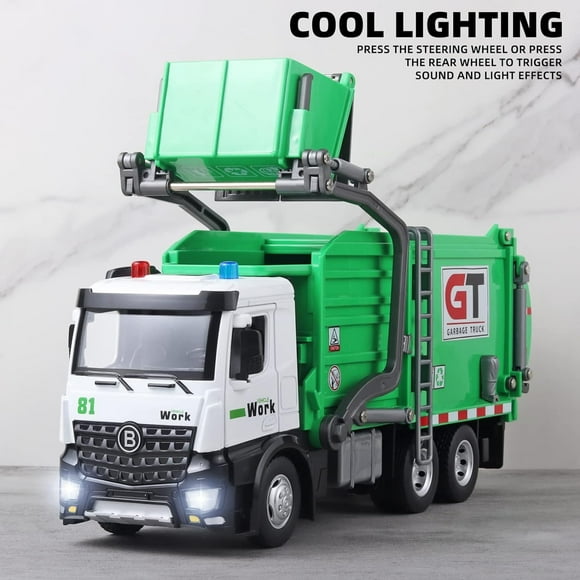 Babaruo Garbage Truck Toys for Boys,Garbage Truck Toys Metal Diecast, Friction Powered Toy Garbage Truck with Light and Sounds,Garbage Truck with Front Loader Dumpster,Garbage Trucks for Boys-+4+