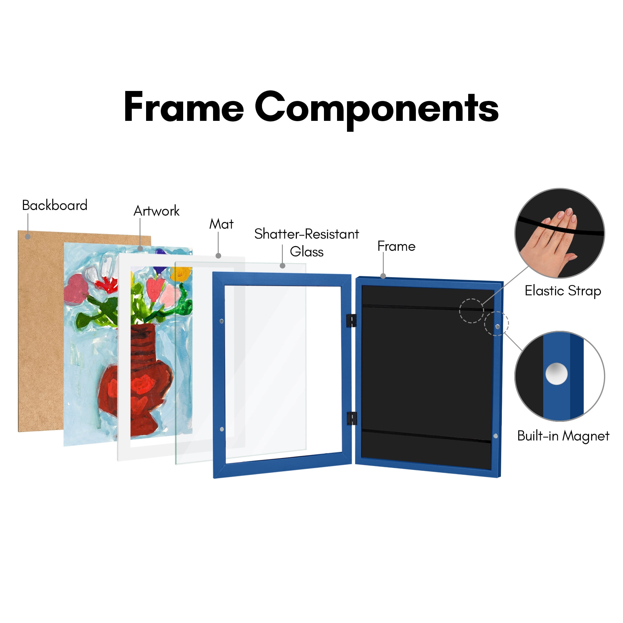 Americanflat 10x12.5 Kids Art Frame with 8.5x11 Mat Holds 100 Art Pieces Sapphire Magnetic Letter Size Mini - Blue