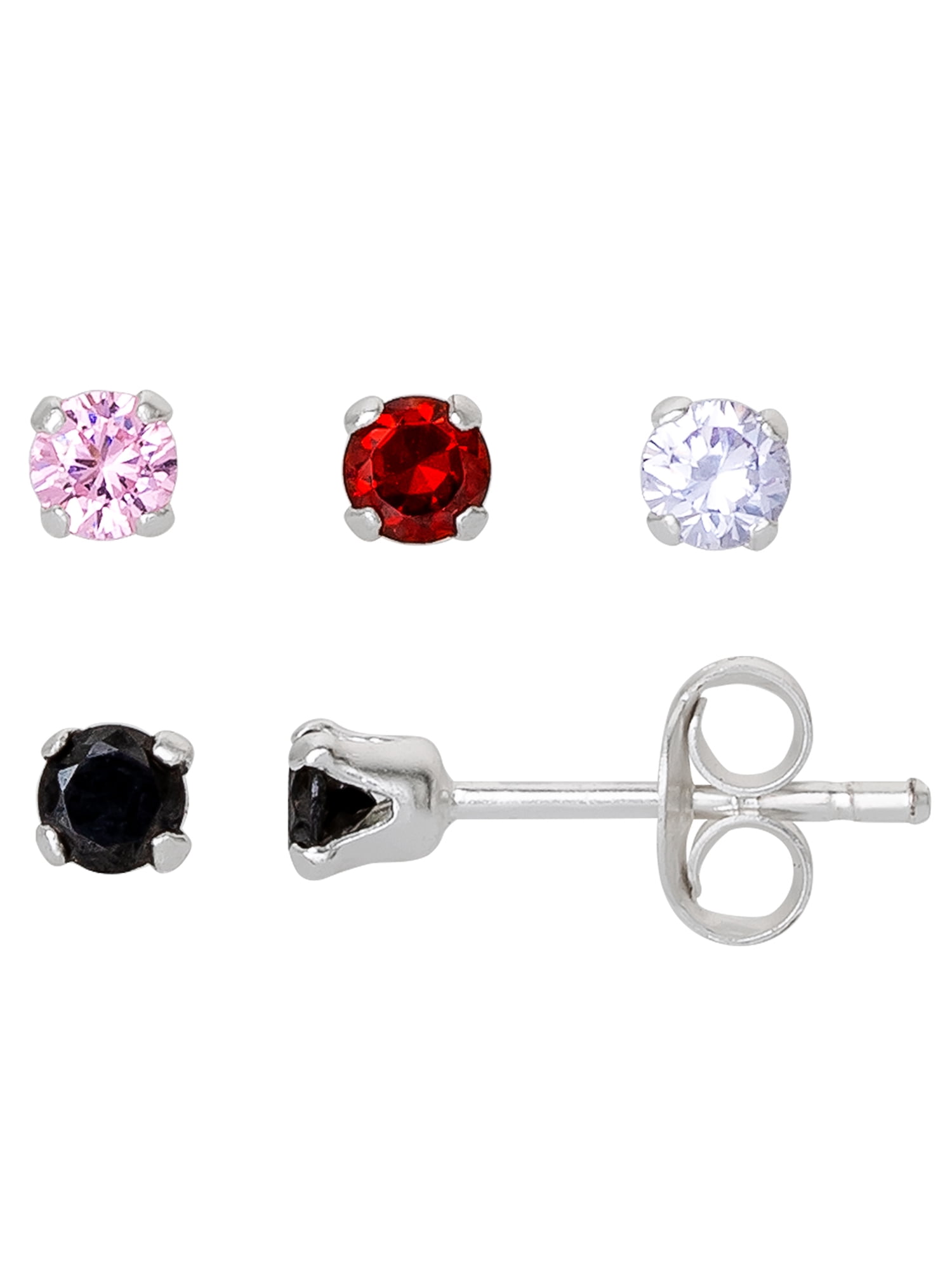 Brilliance Girl’s Sterling Silver Cubic Zirconia Round Stud Earring Set, 4 Pairs