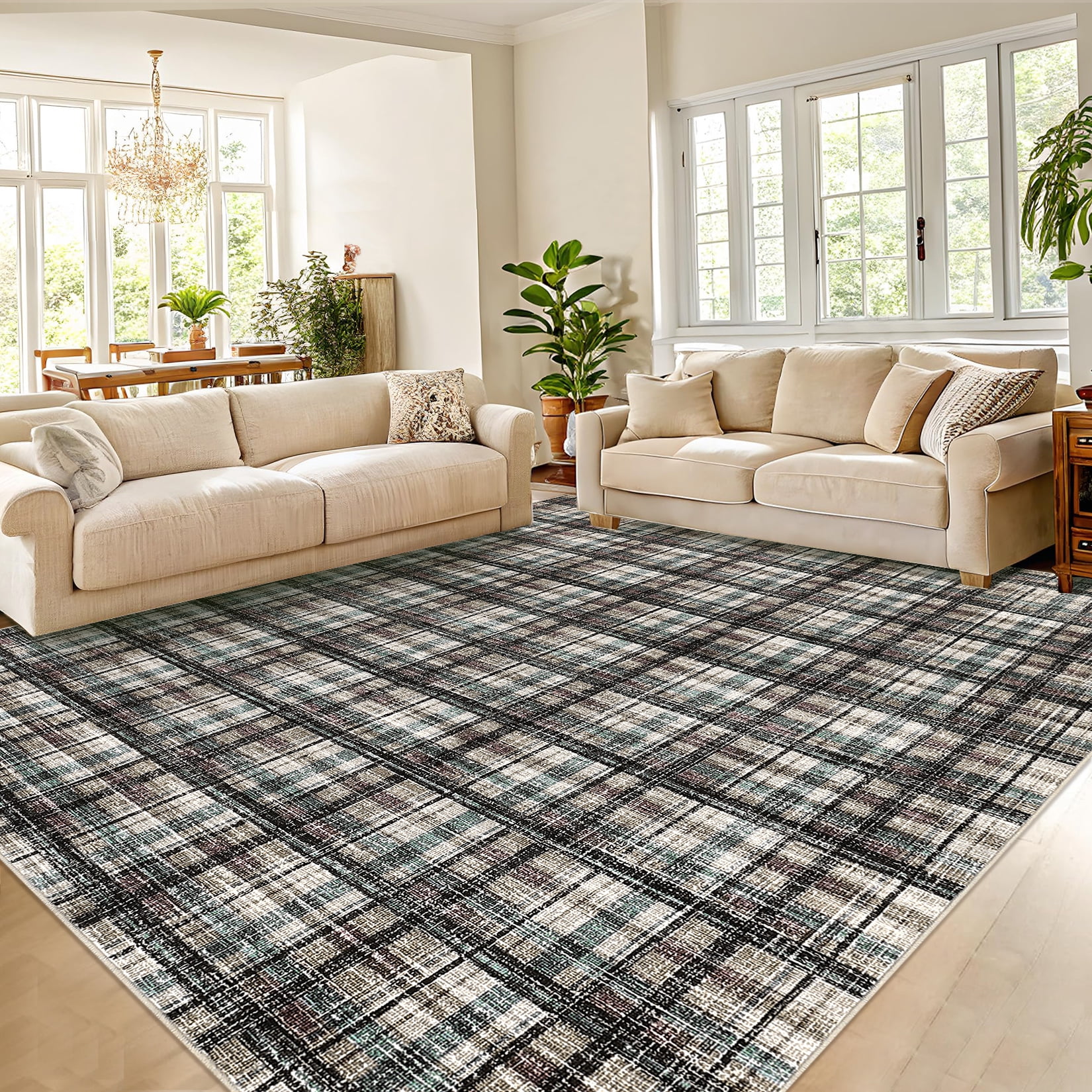 FairOnly 8'x10'Modern Geometric Plaid Non Slip Area Rug British Style Machine Washable Soft Non Shedding Rug for Living Room Bedroom,Brown