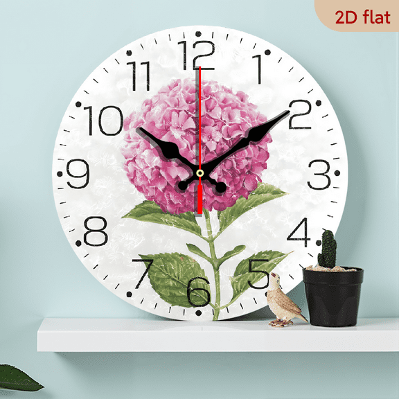2D Flat 1pc 10Inch Wooden Pink Hydrangea Flowers Wall Clocks Battery Operated Non Ticking Silent Wall Clock Modern Round Decorative Wall Clock for Living Room Kitchen Bedroom Office School Classroom