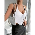 thumbnail image 5 of Y2k Front Tie Crop Tops Halter Neck Flowy Plisse Summer Going Out Top Split Sleeveless Shirt White S, 5 of 8