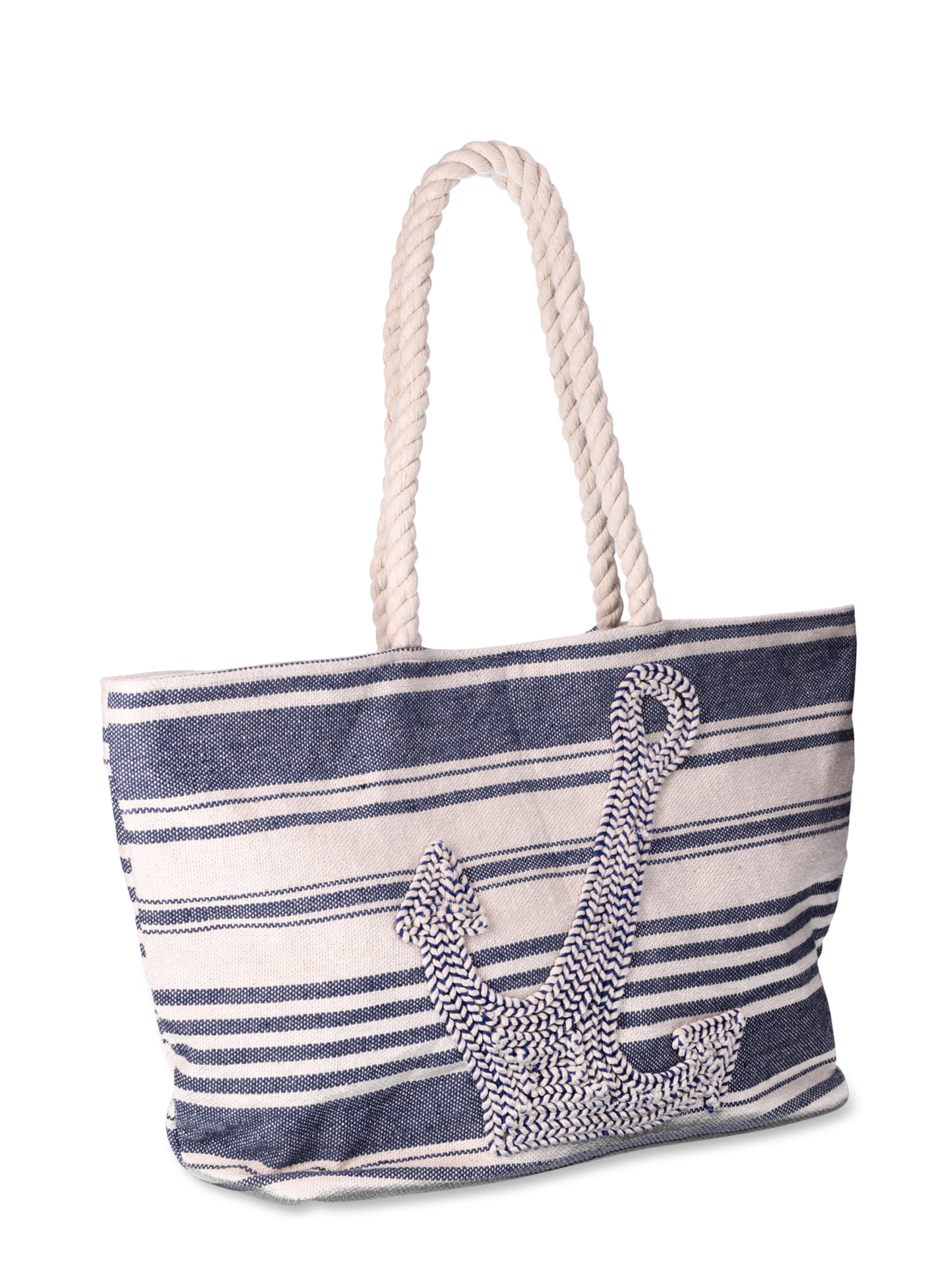 Time and Tru Women's Beach Tote with Rope Handles, Anchor/Blue