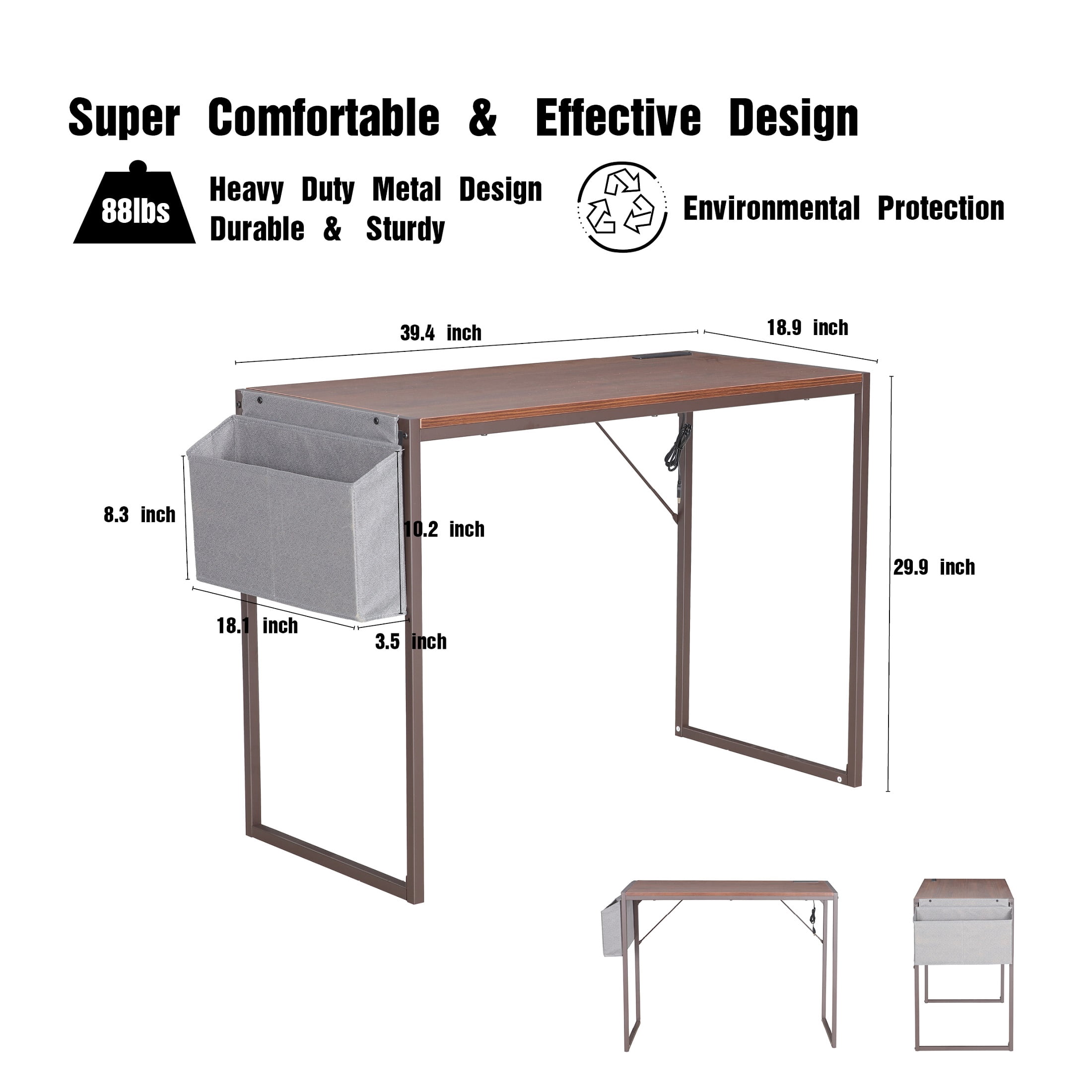 JJS Small Computer Desk Simple Style Writing Desk for Small Spaces 40 Inch Home Office Modern Student Study Laptop Writing Table with Storage Bag USB Hub, Brown