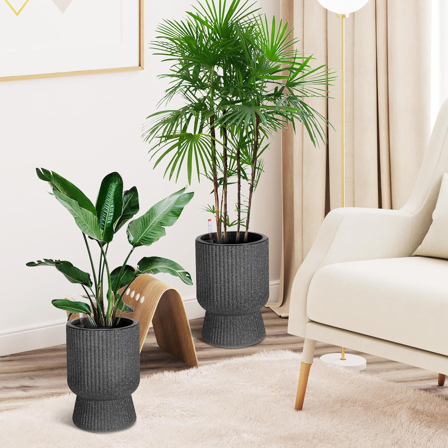 Riedhoff 14.2" Planters Pots Set of 2, with Inner Bucket & Water Level Monitor, Marble Black