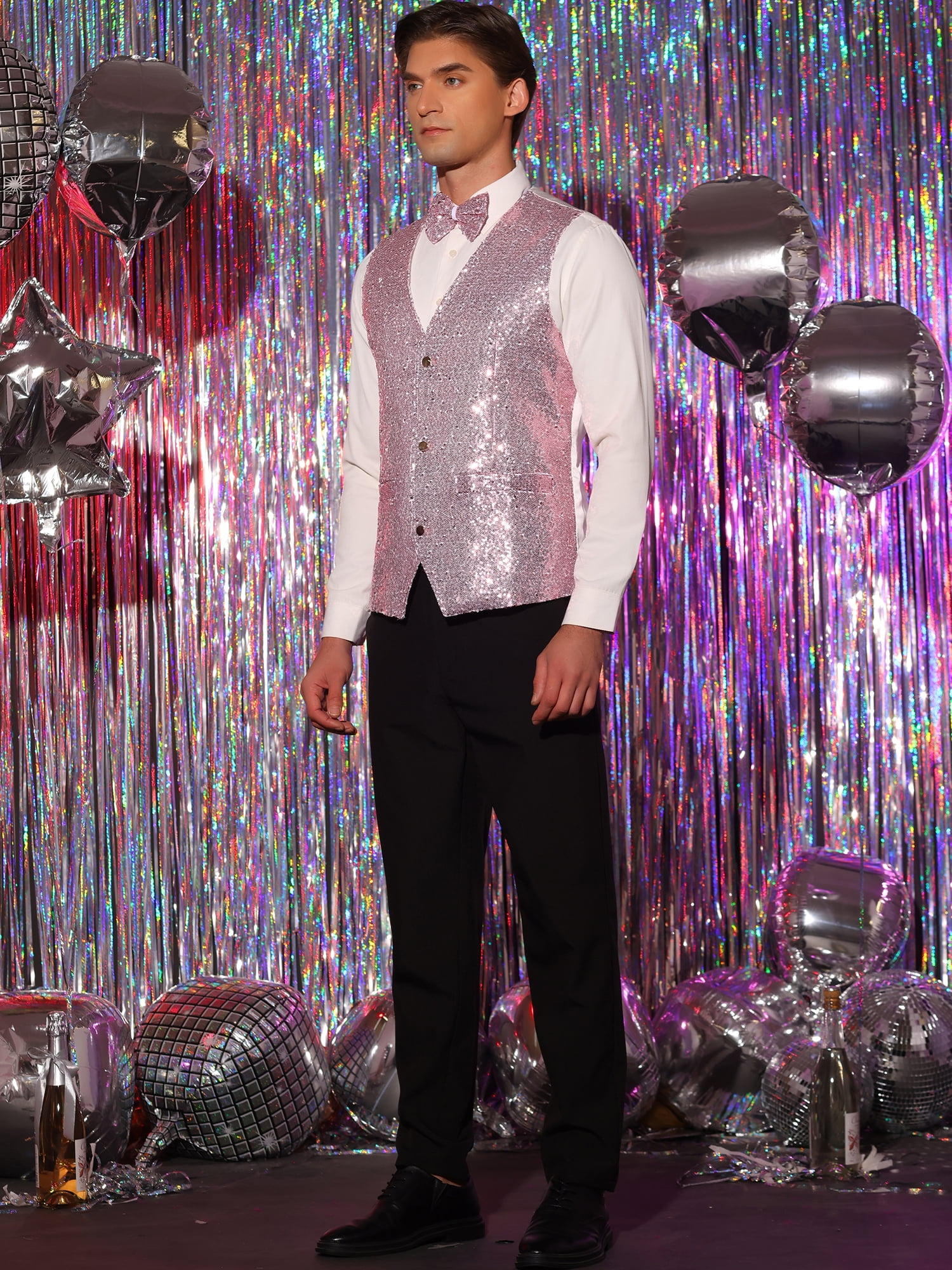 Unique Bargains Men's Disco Shiny Sequin Vest Suit Waistcoat Set with Bow Tie XL Pink