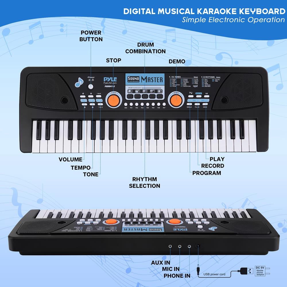Digital Musical Karaoke Keyboard - Portable Electronic Piano Keyboard with Built-in Rechargeable Battery & Wired Microphone (49 Keys)
