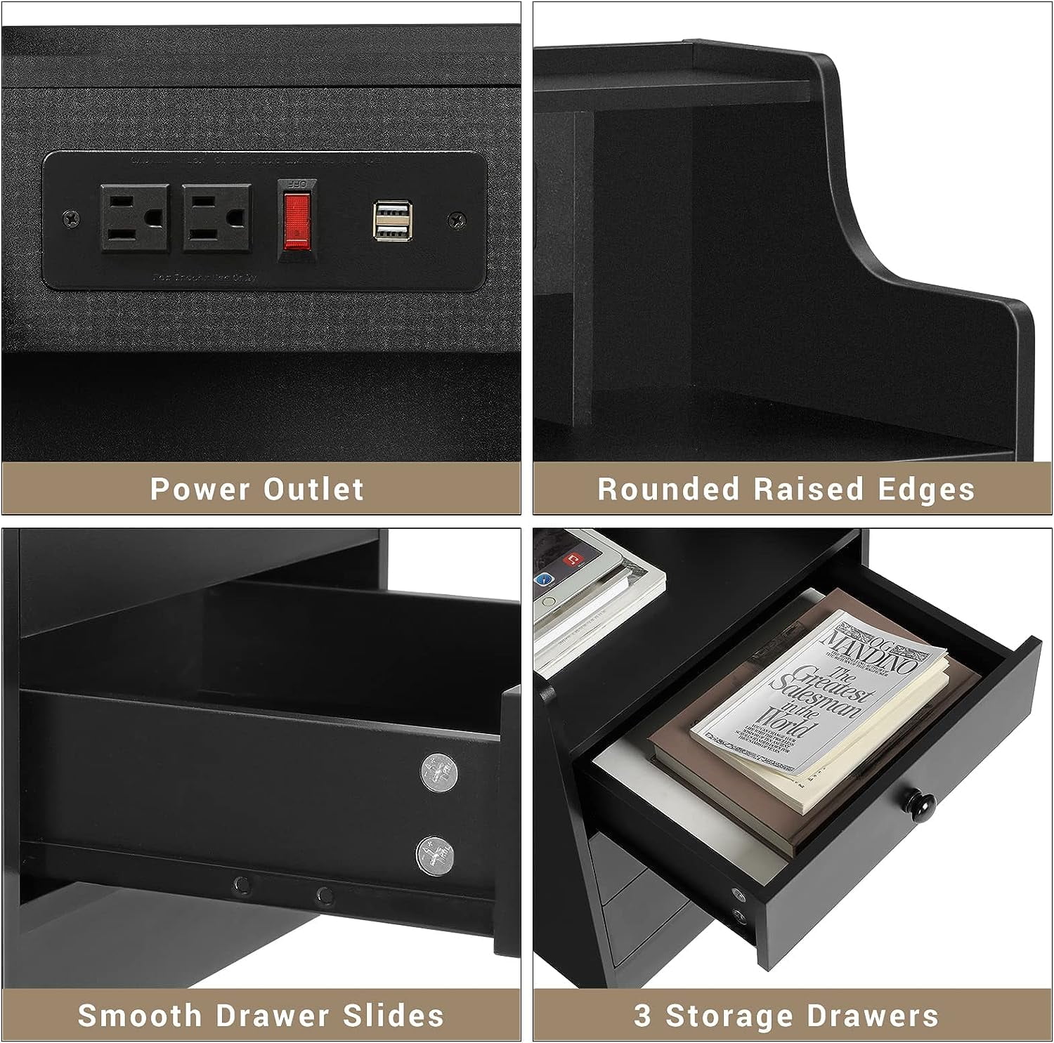 Black Nightstand with 3 Drawers & Hutch,Nightstand with Charging Station,USB Ports and Outlet,End Side Table Bedside Table