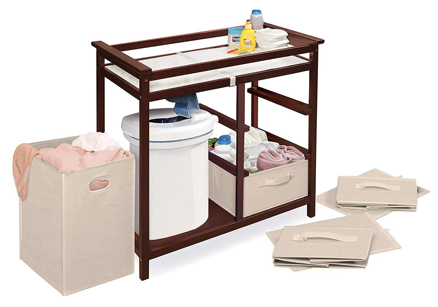 Badger Basket Modern Baby Changing Table with Hamper and 3 Baskets - Cherry