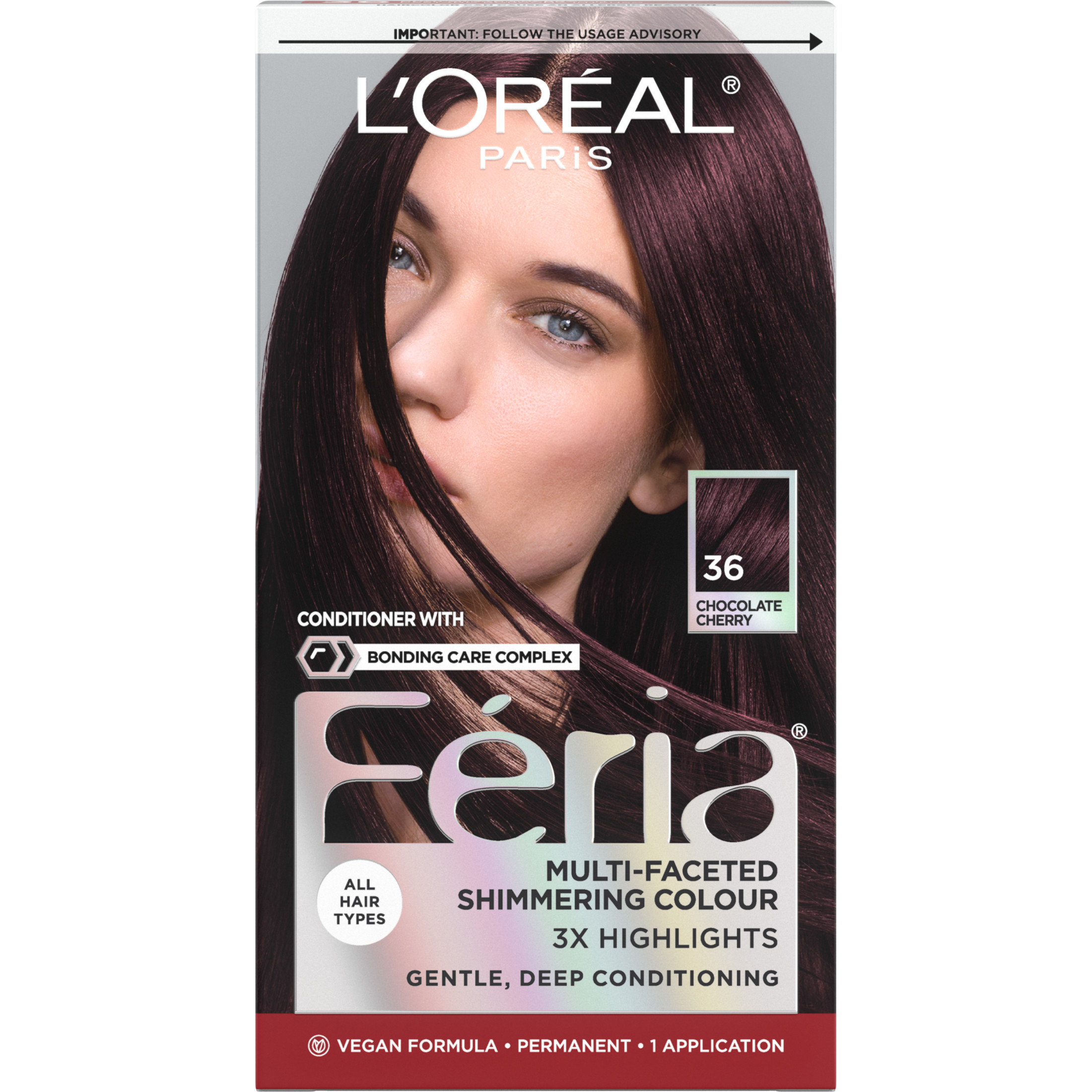 L'Oreal Paris Feria Shimmering Permanent Hair Color, 36 Chocolate Cherry, Strong Hair, 1 Kit