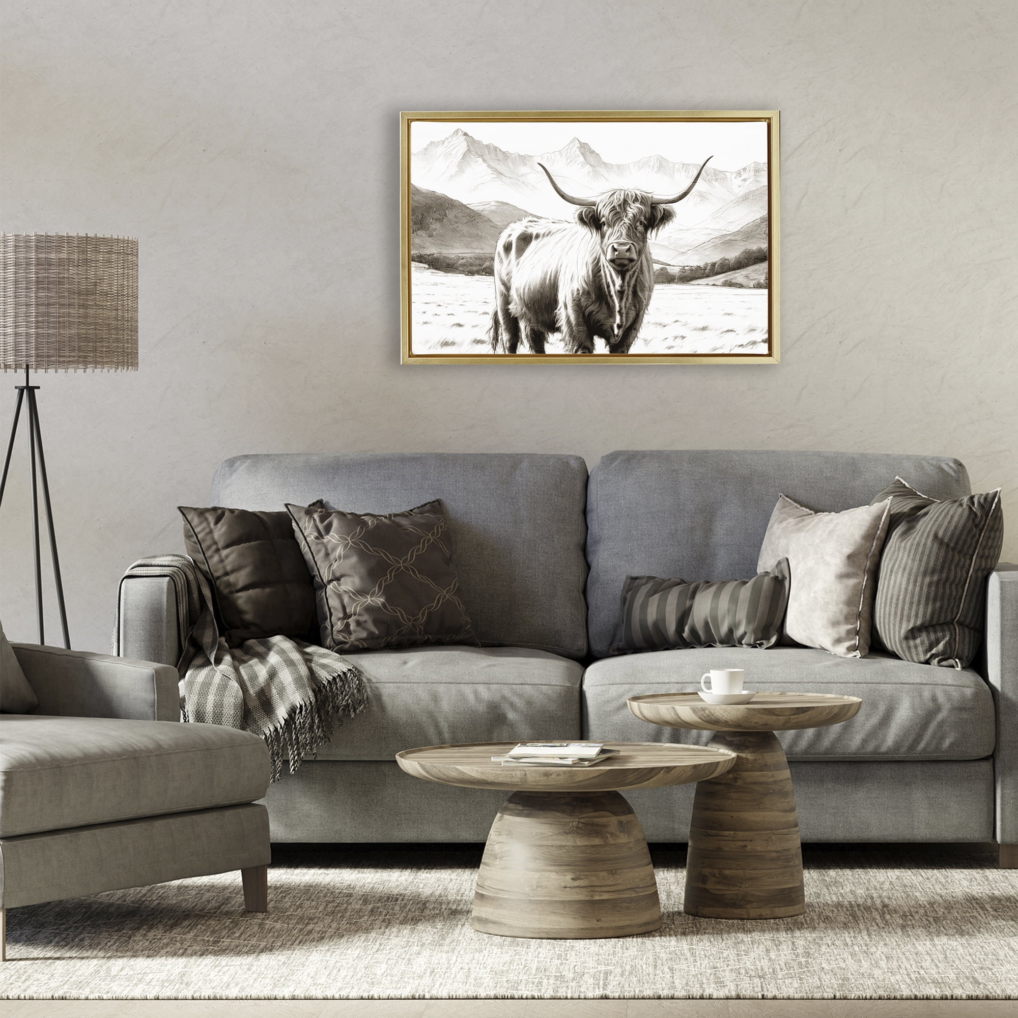 Stupell Industries Highland Sepia Sketch Gold Framed Floater Canvas Wall Art, design by Kim Allen