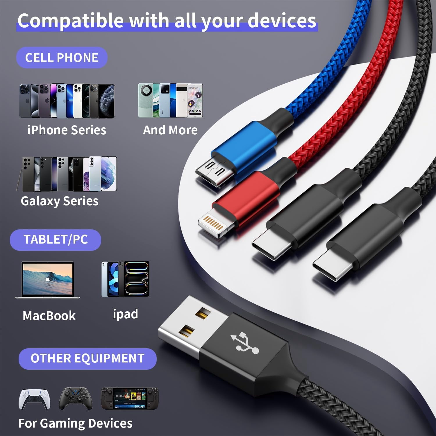 RGHJAR-4Packs 5FT Dual Type-C 4 in 1 Multi Charging Cable with 2 USB-C/IP/Micro Port, USB Cable iPhone Charger Cord, Travel Cruise Essentials Car Accessories for iPhone17-8, Galaxy 25 Android iPad, M