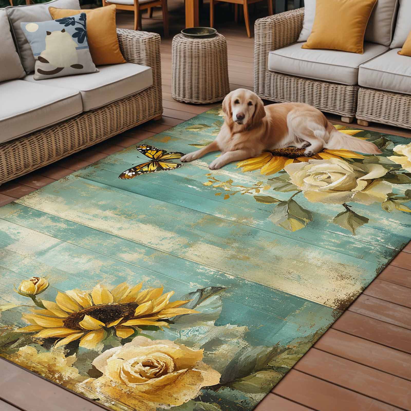 5' x 8' Outdoor Rug, Spring Sunflower Rose Outdoor Washable Rug Large Floor Carpet, Butterfly Teal Wood Vintage Non Shedding Area Rug for Outside Patio RV Porch Deck Balcony Camping Living Room