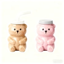 2PC Bear Sippy Cup Brown and Pink Bear Plastic Cup with Lid and Straw Cute Kawaii Bear Plastic Bottle Mug for Juice Milk Tea Smoothies Infused Water Beverage Straw&strawless (PC-2PC)
