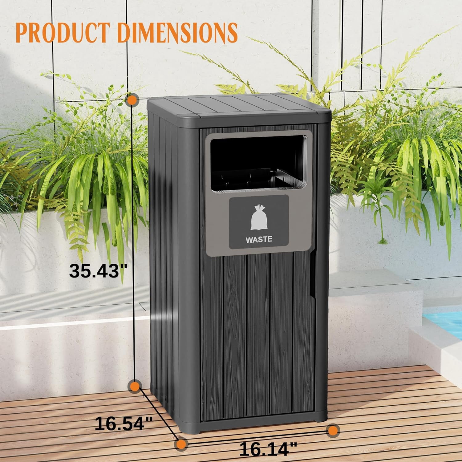 Outdoor 1-Barrel Resin Trash Can – Waterproof, UV-Resistant – Recycling Label, Fits 30-39 Gal Bags, Black, 16.1x16.5x35.4in