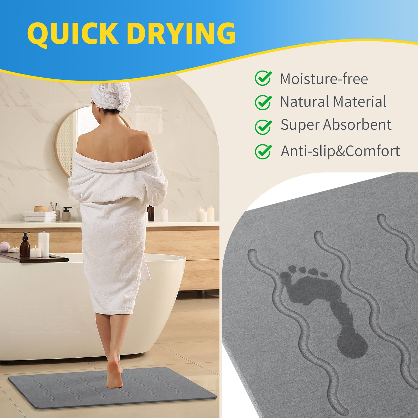 OTHWAY Large Stone Bath Mat, 32"x 20" Diatomaceous Earth Bath Mat for Bathroom, Quick Drying Long Bath Mat Stone Absorbing, Non-Slip Diatomite Hard Stone Shower Mat Instant Dry (Dark Grey)