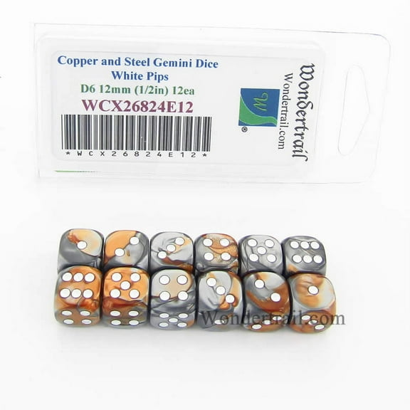 Copper and Steel Gemini Dice with White Pips D6 12mm (1/2in) Pack of 12 Wondertrail