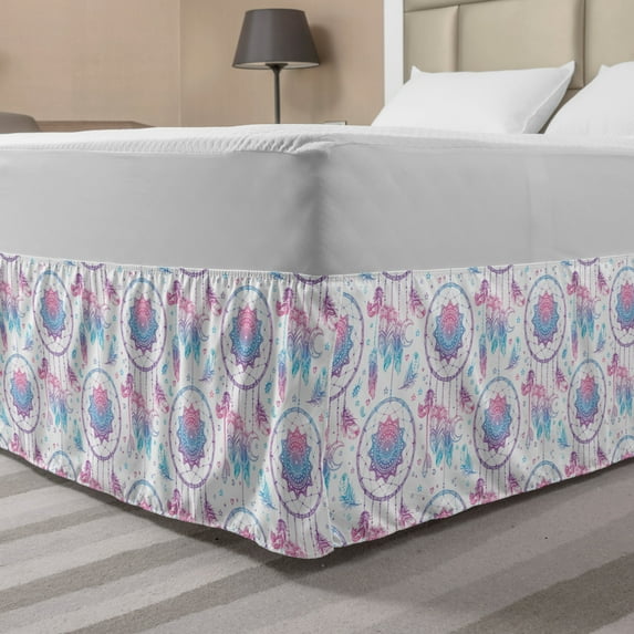 Ethnic Bed Skirt, Repetitive Pattern of Ornamental Mandala Centered Dreamcatchers Design, Elastic Bedskirt Dust Ruffle Wrap Around for Bedding Decor, 4 Sizes, White Sky Blue and Pink, by Ambesonne