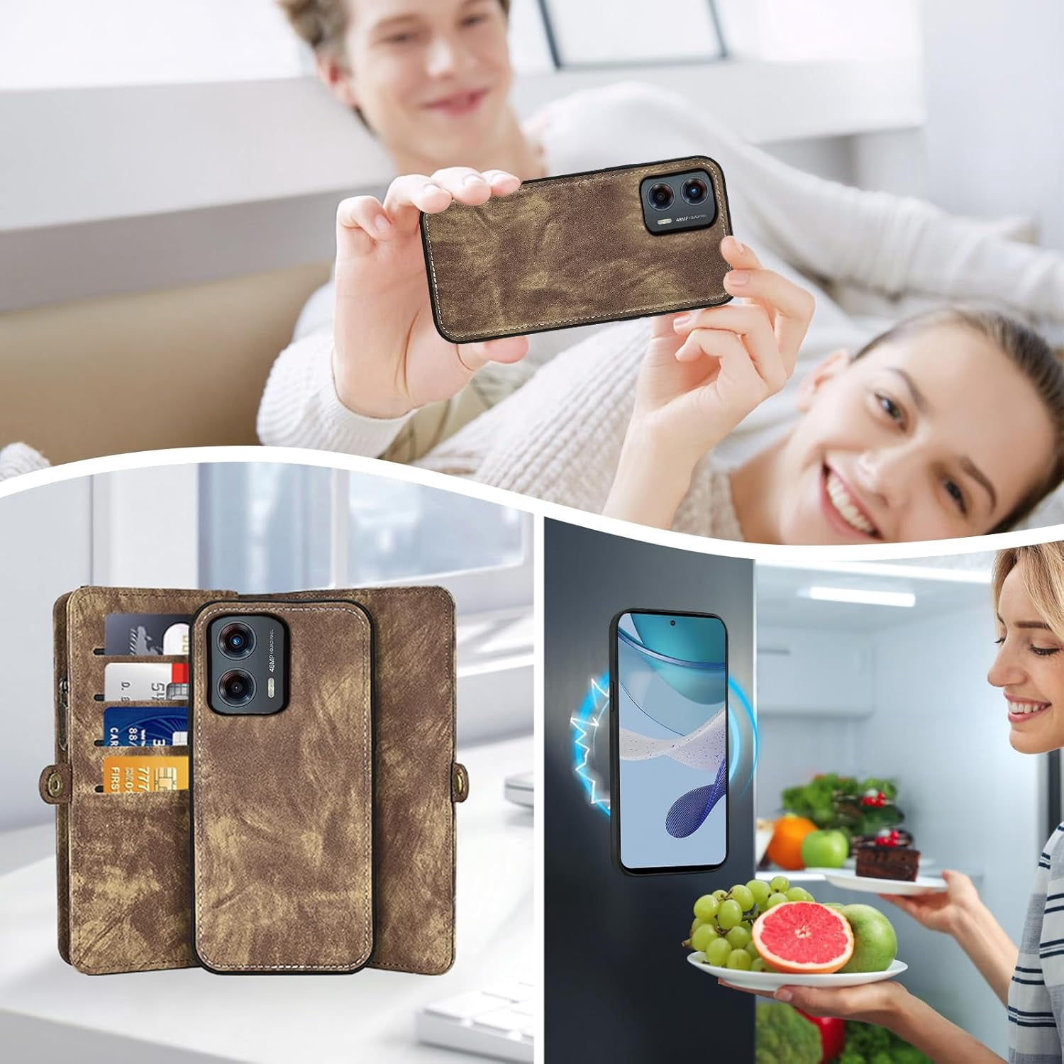 Asuwish Phone Case for Motorola Moto G 5G 2023 Zipper Wallet Detachable Cell Cover with Tempered Glass Screen Protector Crossbody Lanyard Strap Flip Card Holder Slot G5G 5 G G5 Women Men Girls Brown
