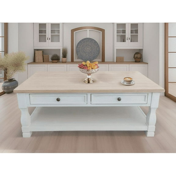 MDF Top and White Oak Drawer Living Room Coffee Table with Shelf and Drawers, Rectangle, White / Brown