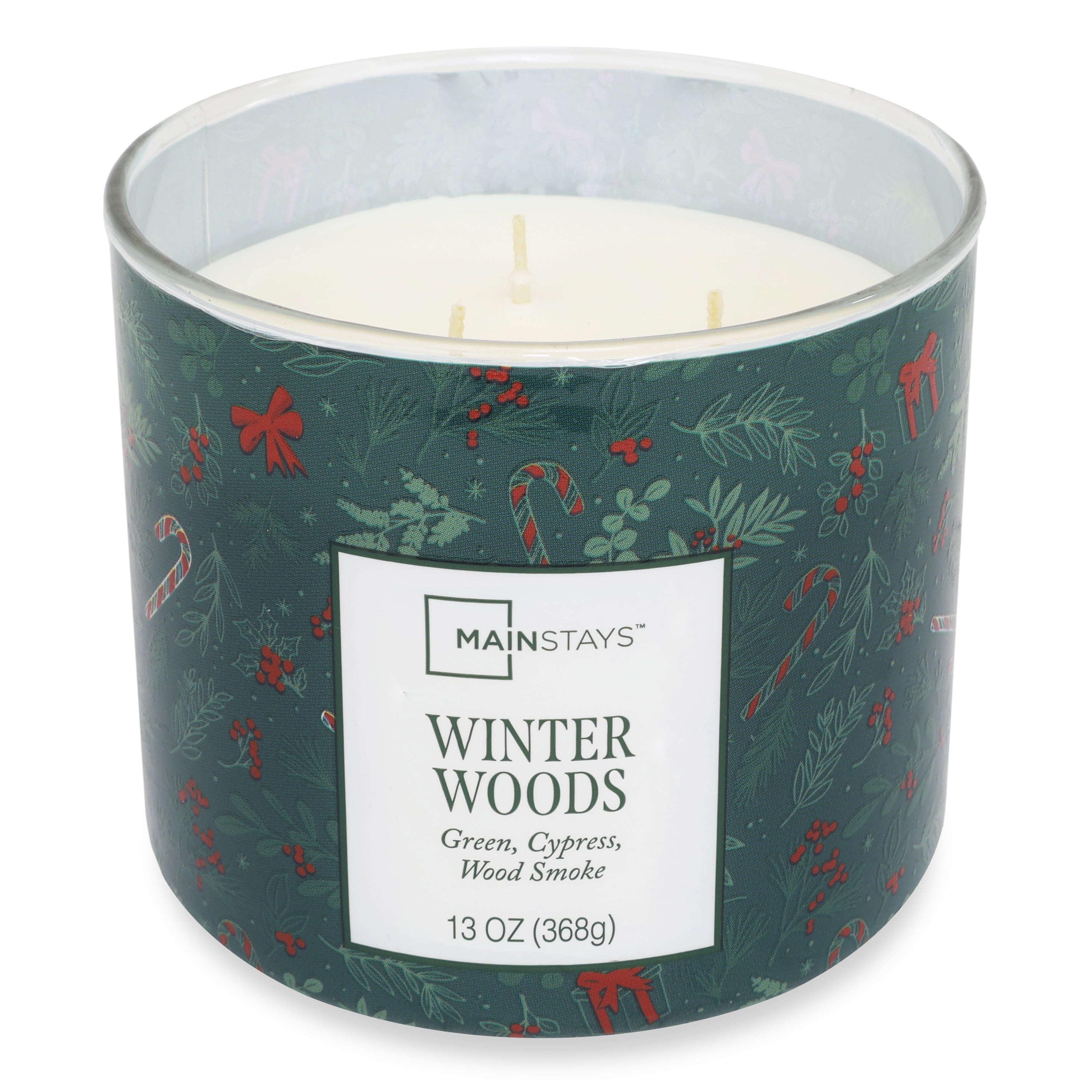 Mainstays 3-Wick Winter Woods Scented Candle with a Green Garland Toss Scene Wrap, 13-Ounce