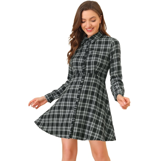 Vestido midi de algodón a cuadros con cuello vuelto y puños con botones para mujerNegro L