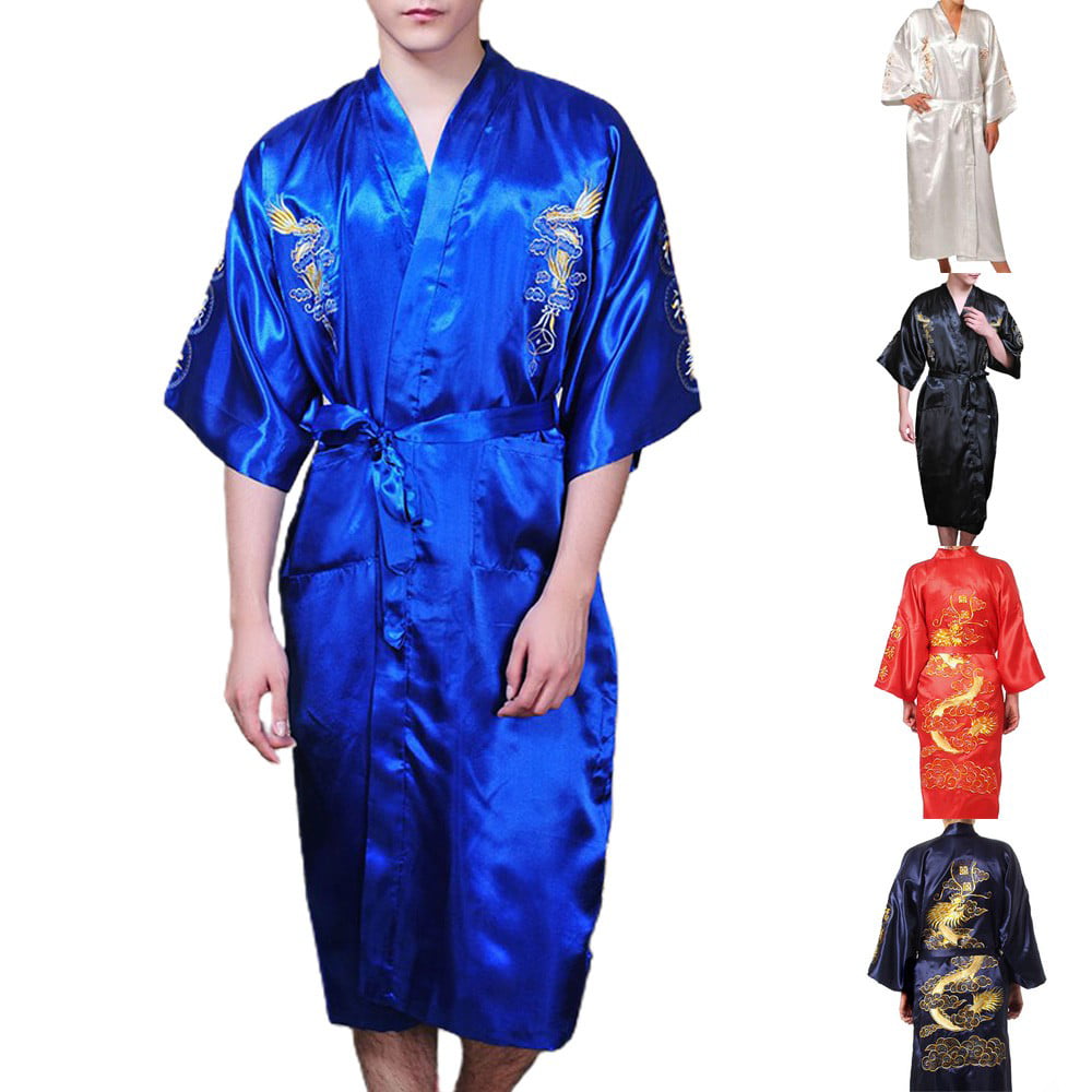 Men Summer Robe Chinese Silk Satin Sleep Robes Dragon Embroidery Sleepwear
