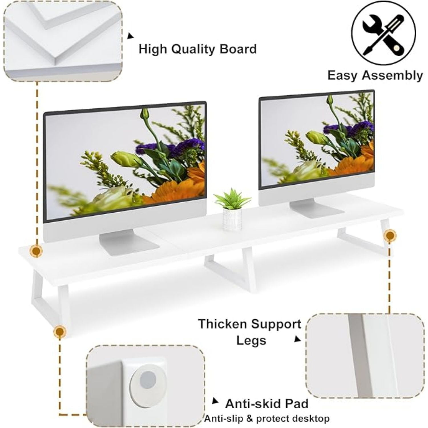 42 inch  Monitor Riser for 2 Monitors, Wood Desktop Dual Stand with Metal Legs, Long Screen/PC/Laptop Storage,Computer Shelf TV Holder Home Office