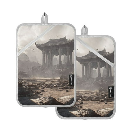 

Oven Mitts 2 Pcs Pot Holders Sets Heat Resistant Hot Pads for Kitchen Cooking Baking 7 x9.8 Ancient Ruins