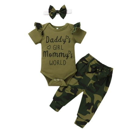 

QWERTYU Newborn Infant Baby Girl Boy Summer Outfits Ruffle Bodysuit and Camouflage Pants Set Short Sleeve Clothes Set with Headband 0-12M Green 70