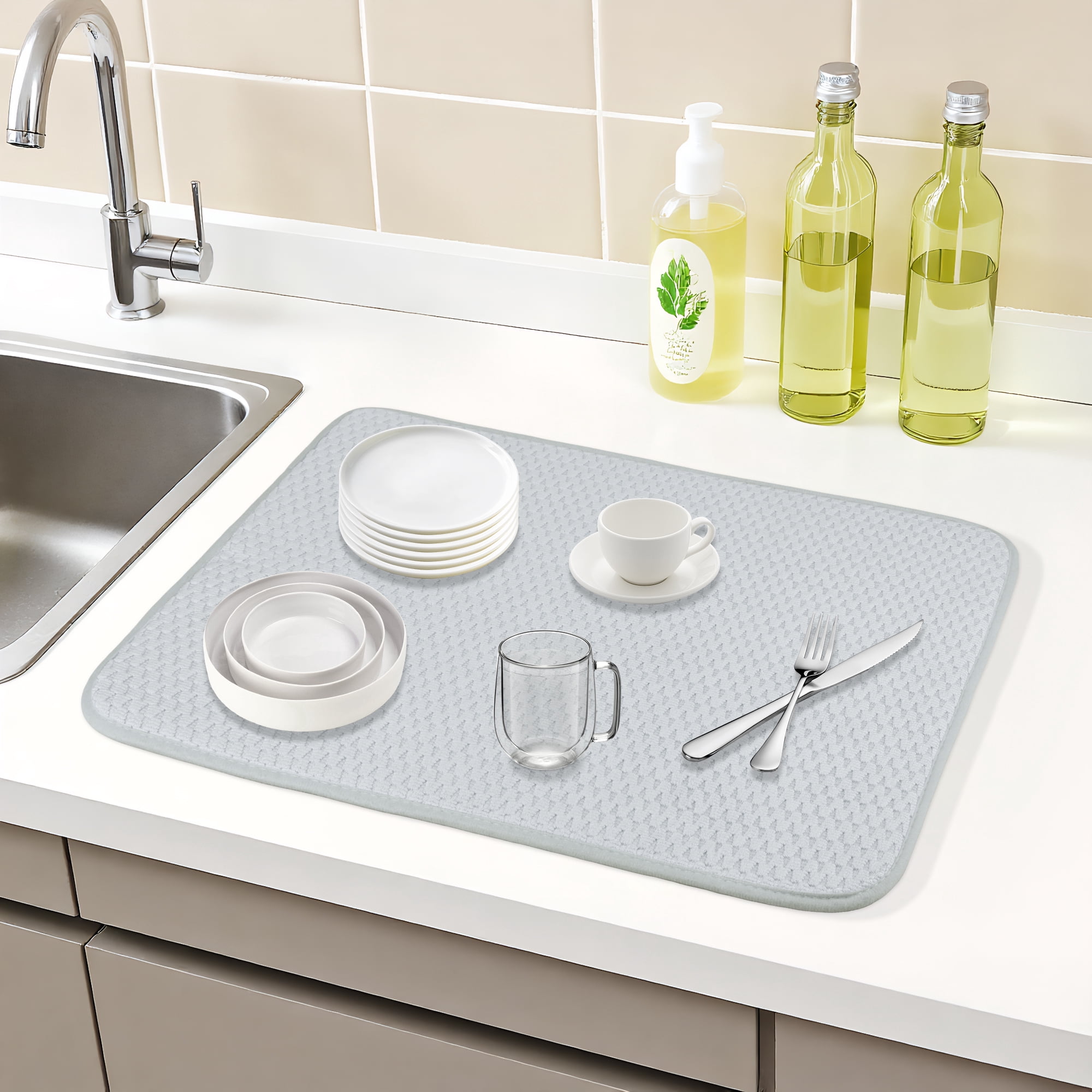Unique Bargains Microfiber Kitchen Drying Mat with Lanyard Gray 19.7*15.0 inch