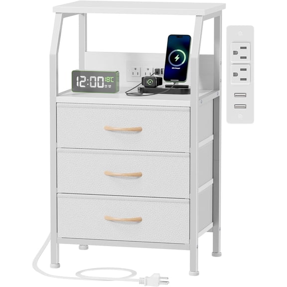 White Nightstand with Charging Station, 3 Drawers Bedside Table