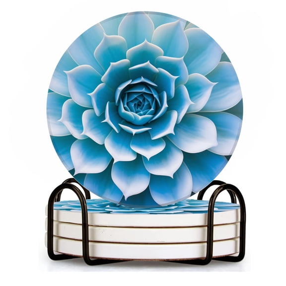 BaHomeck Drink Coasters Set of 4 with Holder light blue succulent flower showcasing intricate petals Water Absorbent Ceramic Coasters Tabletop Protection,Suitable for Various Cup ,Home Decor