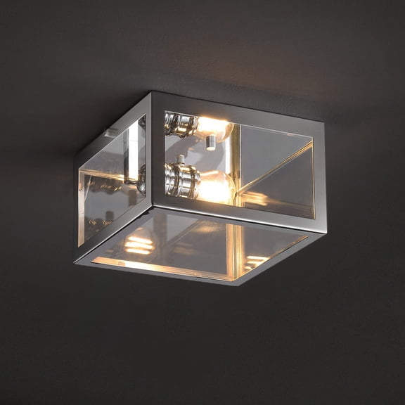 Open Box JONATHAN Y Grayson 8" 1-Light Farmhouse Industrial Square Iron/Glass Case LED Flush Mount, Chrome