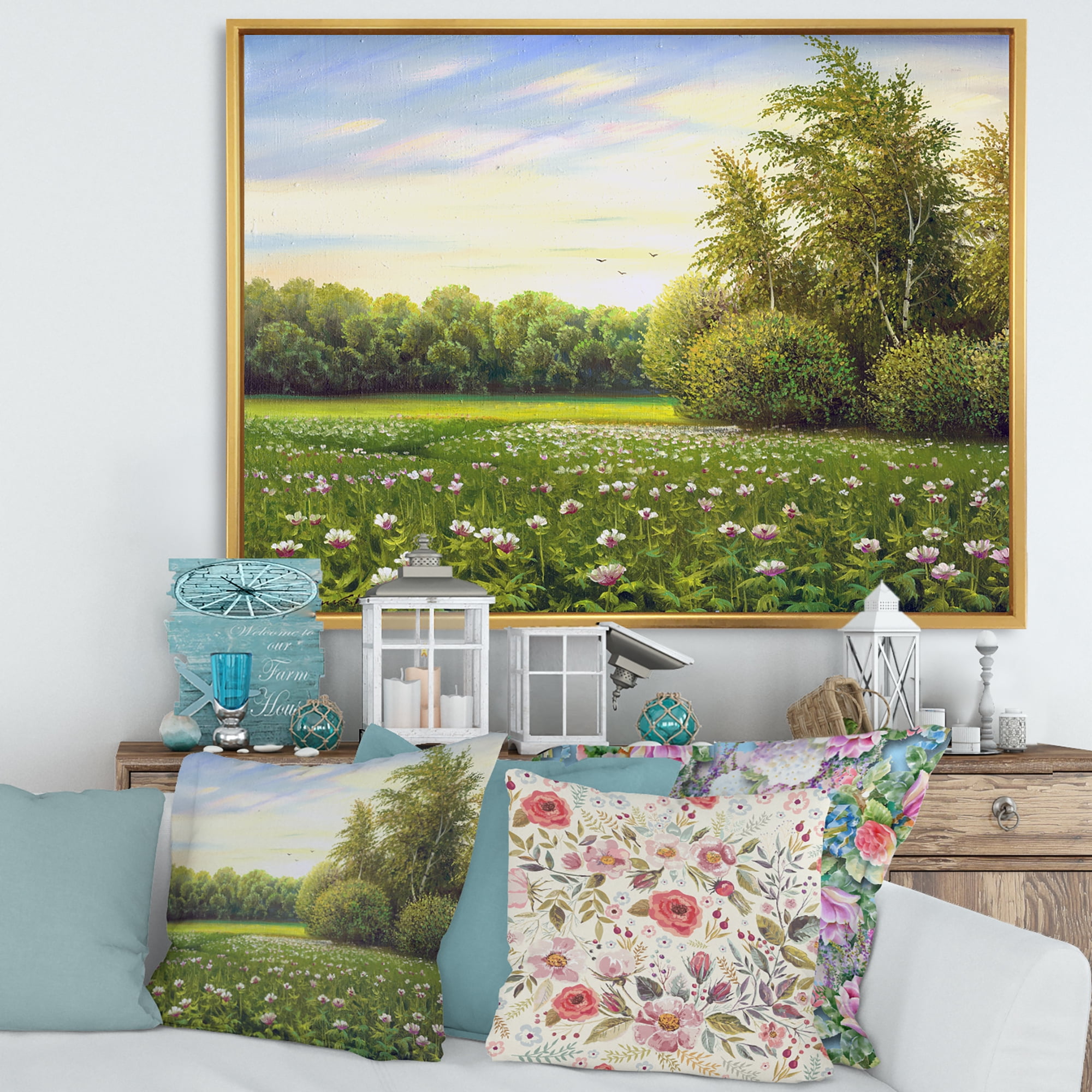 Spring Trees By The Flowers and Meadows 40 in x 30 in Framed Photography Canvas Art Print, by Designart