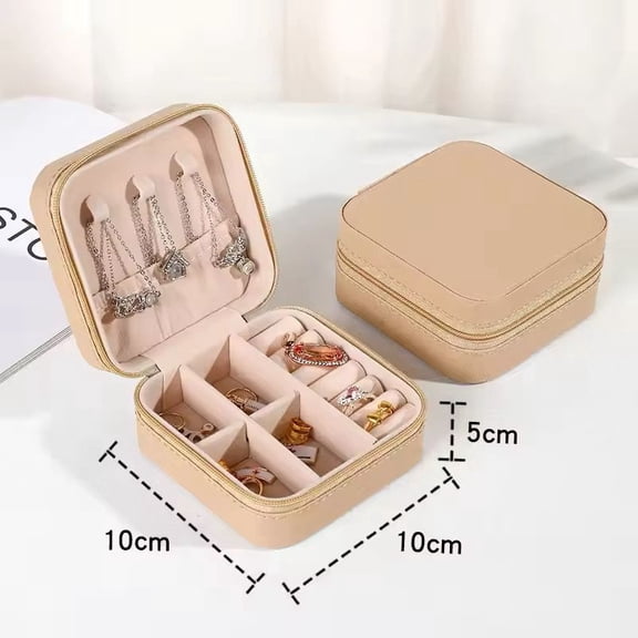 Leather Portable Jewelry Box With Zipper Lock Double-layered Organizer | Mini Jewelry Box for Earrings, Necklaces, Rings, Bracelets | Beige