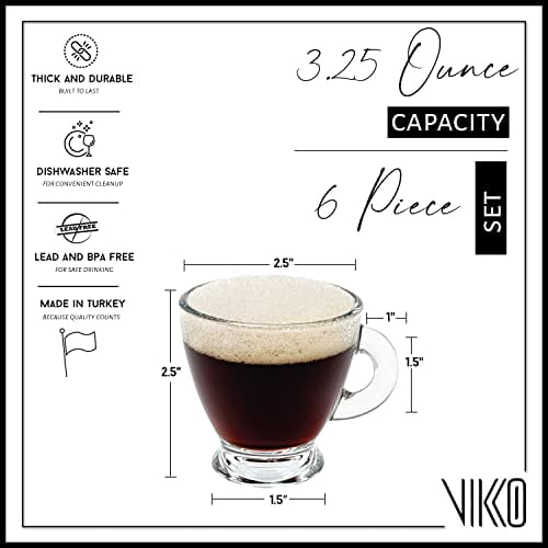 Vikko Espresso Cups, 3.25 Ounce Small Coffee Mugs, Set of 6 Clear Glass Coffee Mug, Durable Dishwasher Safe Glass Cups for Coffee or Tea