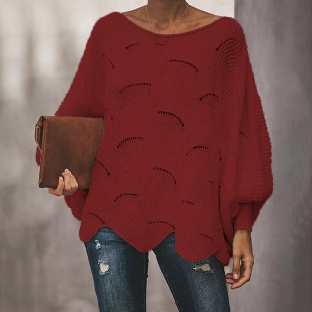 Tralilbee Nouveau Chandail de Mode Polyvalent Grande Taille à Col Rond Ample Décontracté avec Trous Manches Lanterne Chandail Tricoté Chandail pour Femme