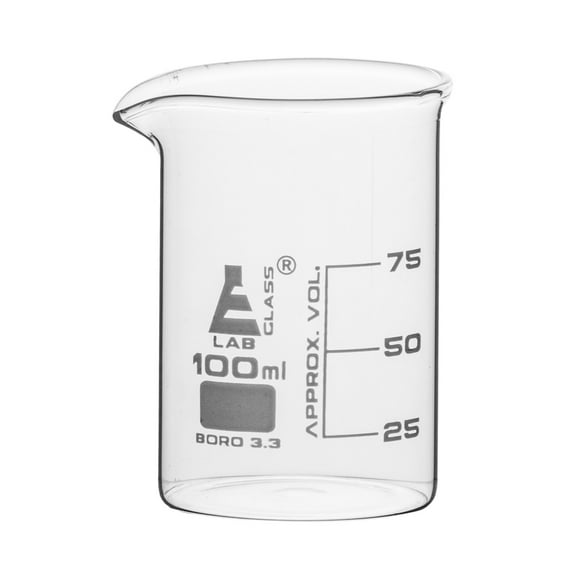 Beaker, 100ml - Low Form with Spout - White, 25ml Graduations - Borosilicate 3.3 Glass - Eisco Labs