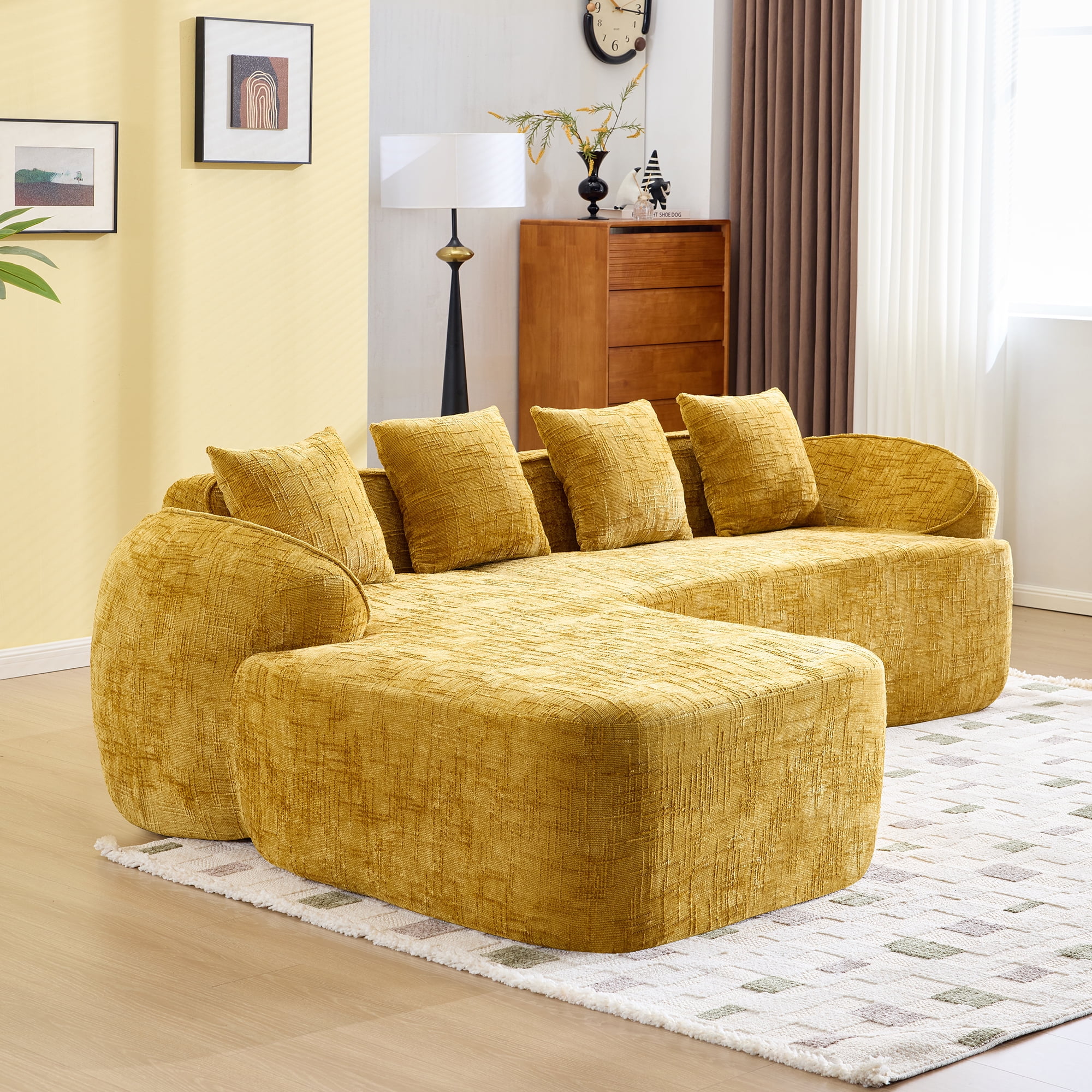 L-Shaped Sectional, Compressed Sofa with Chenille Fabric and Sponge Spring Support, No Assembly Couch for Living Room, 101" x 67" Yellow