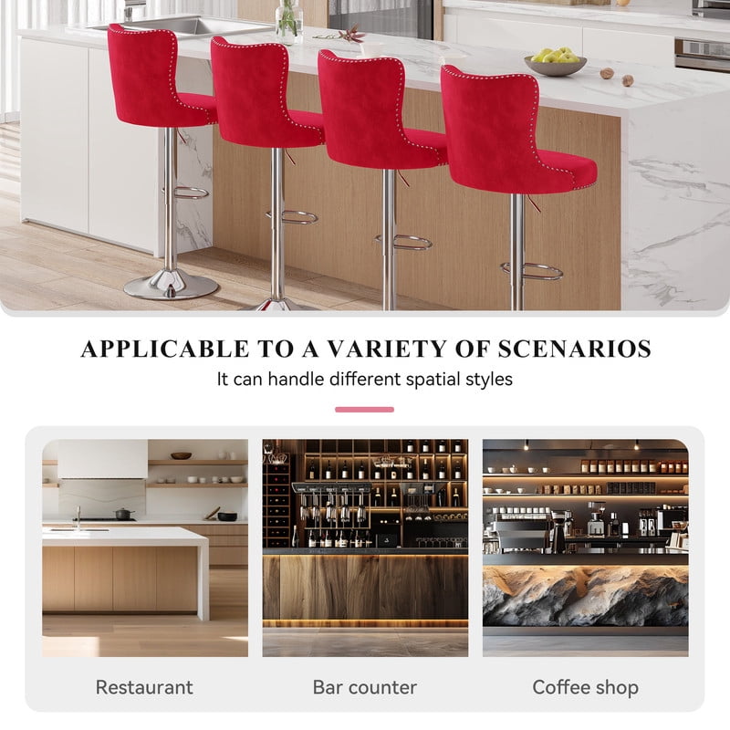 Hawsaiy Swivel Bar Stools Set of 2, Adjustable Velvet Tufted Counter Height Chairs with Nailhead Trim, Upholstered Barstools for Kitchen Island, Red